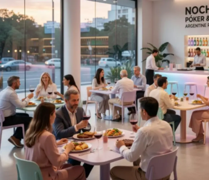 Vista general del restaurante con mesas servidas, luces cálidas y ambiente social