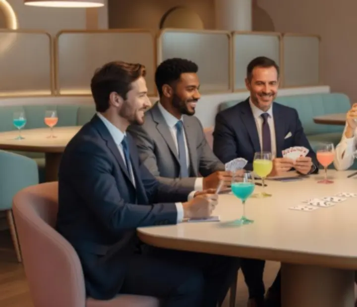 Grupo corporativo disfrutando una noche de póker recreativo en un salón moderno