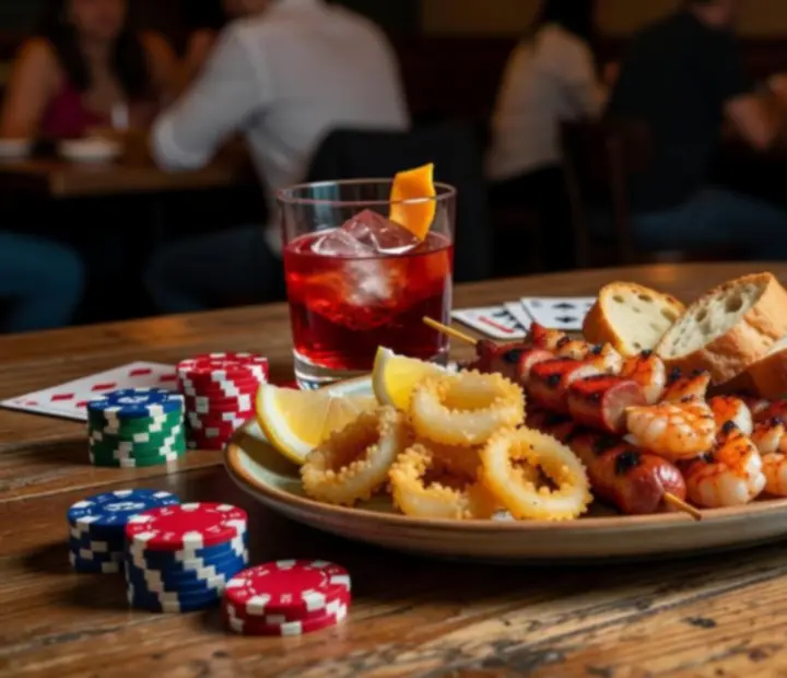 Platos para compartir y cócteles servidos en una mesa de póker