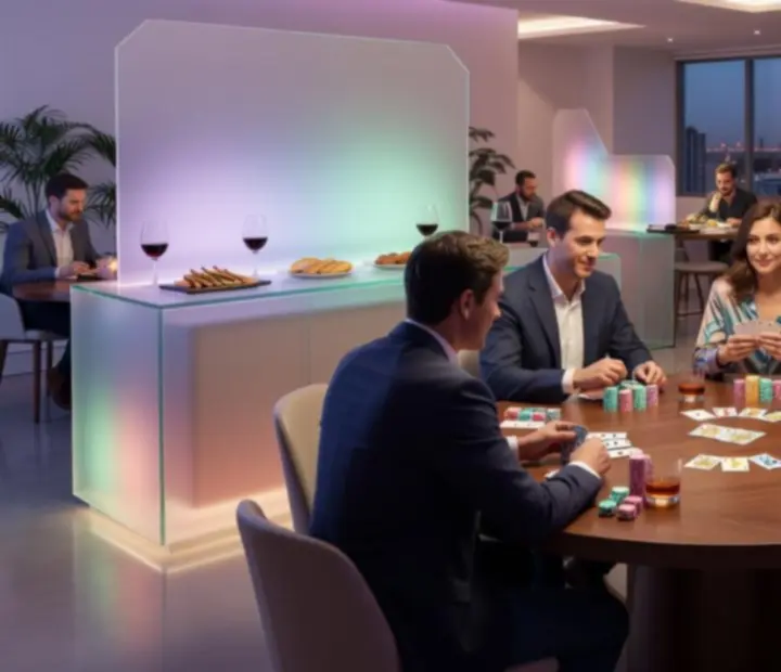 Salón moderno con mesas de póker y comensales disfrutando de la noche