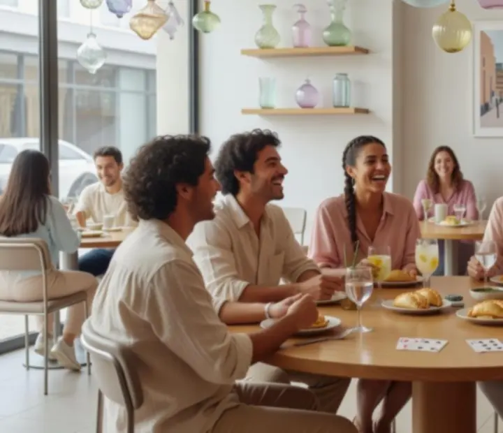 Grupo de amigos disfrutando noches de póker social en un restaurante moderno